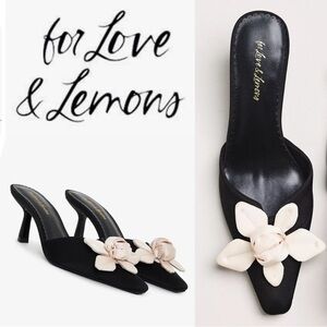 FOR LOVE & LEMONS 🍋 CLAUDINE BLACK SATIN FLORAL ROSETTE KITTEN HEELS